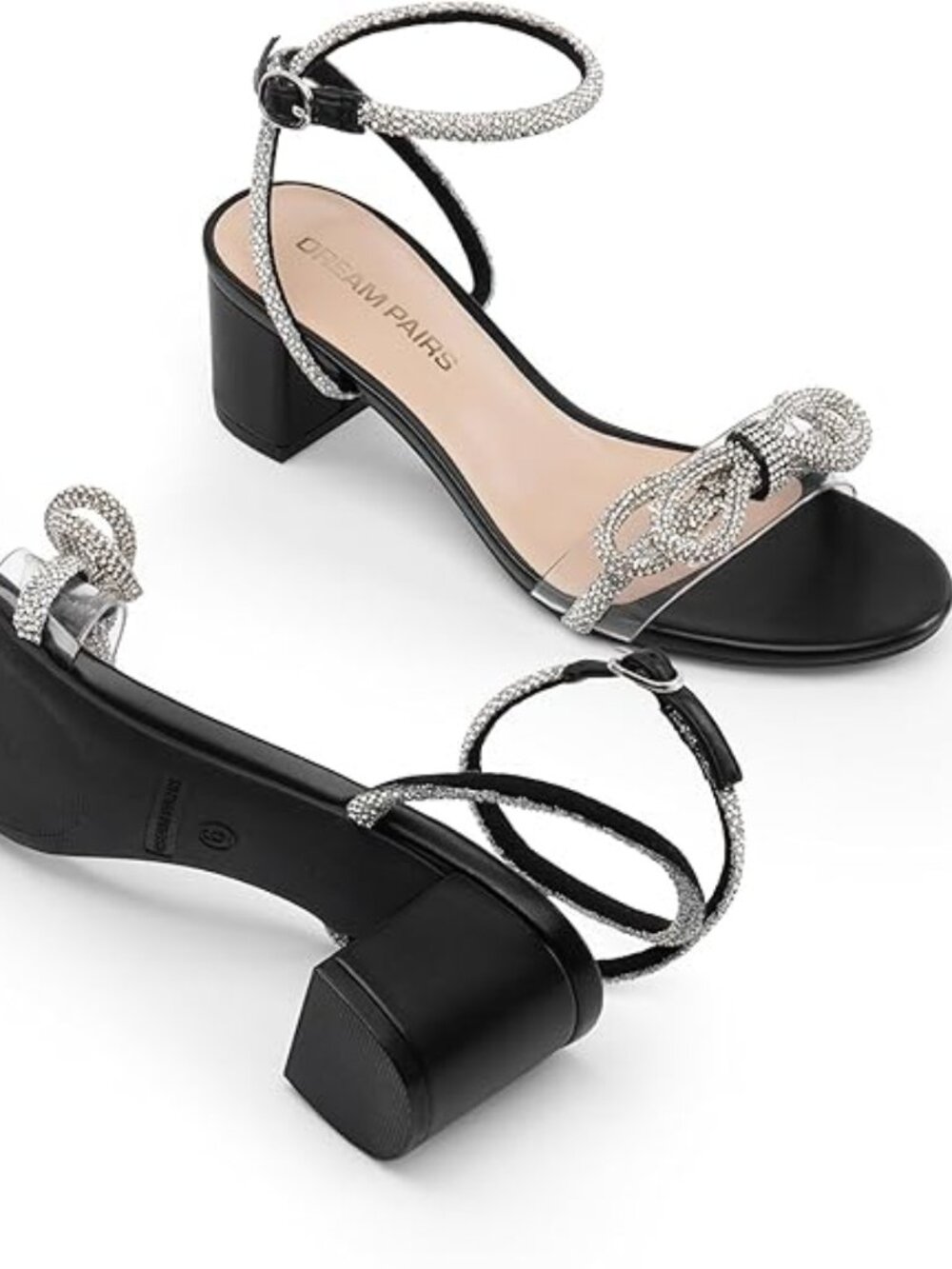 Women's Double Bowknots Crystal Sandals Low Chunky Heels Clear Slingback Dress S